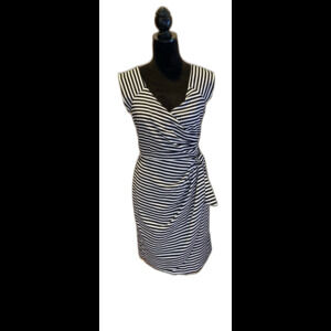 Worthington Dress Faux Wrap Size 12 Black White Stripes Fitted Lined Sleeveless